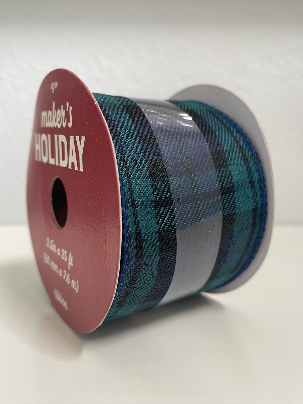 Ribbon Blue Green Plaid 2.5in Wide 25ft Wire Edge Christmas Wreath Winter DIY